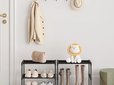 Black Multi tiered Shoe Rack with Flats Boots Pink Handbag Coat Hat and Lion Toy 3d model