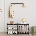 Black Multi tiered Shoe Rack with Flats Boots Pink Handbag Coat Hat and Lion Toy
