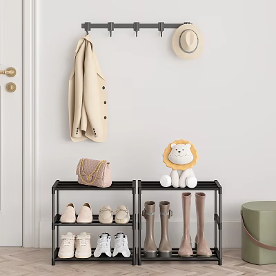 Black Multi tiered Shoe Rack with Flats Boots Pink Handbag Coat Hat and Lion Toy 3d model