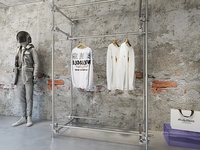 Metal Clothing Display Rack With Hanging Shirts And Astronaut Model By Concrete Wall 3d model