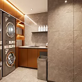 Modern Laundry Room Interior With Stacked Washing Machines Dryers Sink Counter And Storage Baskets