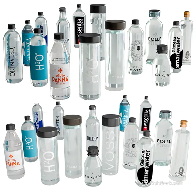 Stylish Decorative Ornament Set with Various Water Bottles Different Designs Transparent Bodies and Brand Labels 3d model 