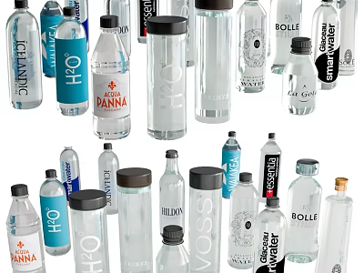 Stylish Decorative Ornament Set with Various Water Bottles Different Designs Transparent Bodies and Brand Labels 3d model