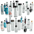 Stylish Decorative Ornament Set with Various Water Bottles Different Designs Transparent Bodies and Brand Labels