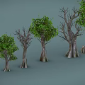 Cartoon Scene With Various Trees Having Green Leaves And Bare Branches