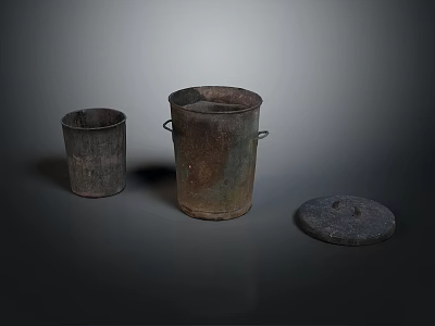 Two Rustic Aged Wooden Buckets With Matching Lid On Dark Surface 3d model