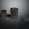 Two Rustic Aged Wooden Buckets With Matching Lid On Dark Surface