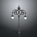 Vintage Street Lamp With Ornate Design Two Illuminated Heads And Black Pole