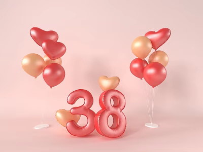 Decorative Red Heart Shaped And Gold Balloons With Number 38 On Pink Background 3d model