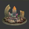 Fantasy Landscape With Burning Flame Curved Archways And Rough Rocks On Pedestal