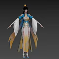 Traditional Chinese Game Movie Character In Blue Yellow Robe With Flowing Sleeves And Ornate Patterns