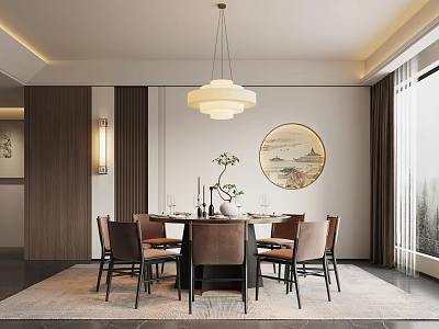 Modern Restaurant Interior With Dining Table Chairs Pendant Light And Circular Decorative Painting 3d model