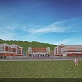 Modern School Buildings With Green Trees Grassy Area And Blue Sky