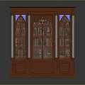 Classic Wooden Bookcase with Carved Details and Arched Glass Doors Filled with Vintage Books