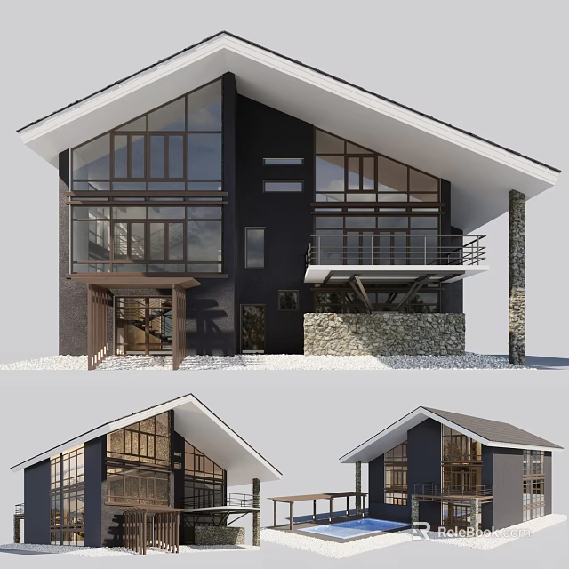 Modern Detached Villa Exterior Featuring Large Glass Windows Sloped Roof Stone Wall And Balcony 3d model 