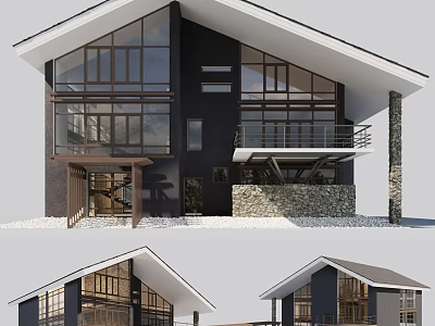 Modern Detached Villa Exterior Featuring Large Glass Windows Sloped Roof Stone Wall And Balcony 3d model