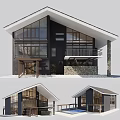 Modern Detached Villa Exterior Featuring Large Glass Windows Sloped Roof Stone Wall And Balcony
