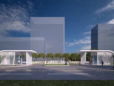 Modern Entrance Gate With White Metal Structure Near Trees And Buildings 3d model