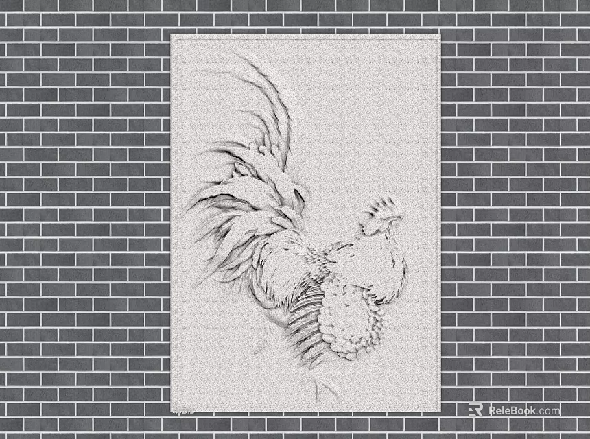 Building Exterior Wall With Brick Texture Background And White Panel Featuring Decorative Rooster Sketch 3d model 