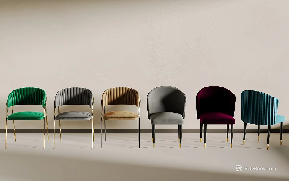 Modern Accent Chairs in Multiple Colors Various Materials with Gold Legs Minimalist Background 3d model 