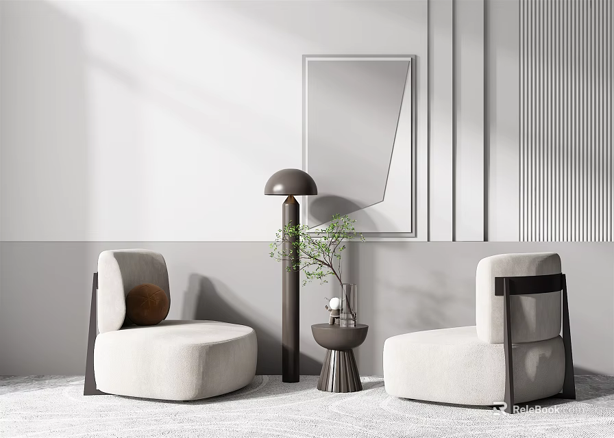 Modern Casual Sofa Set with Upholstered Seats Floor Lamp Side Table and Wall Art 3d model 