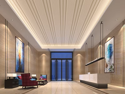 Elegant Hotel Lobby Interior With Beige Walls Striped Ceiling Reception Counter And Large Paintings 3d model