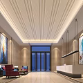 Elegant Hotel Lobby Interior With Beige Walls Striped Ceiling Reception Counter And Large Paintings