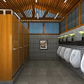 Public Restroom Interior Featuring Gray Brick Walls Wooden Frames Double Sinks And Ceiling Light Strips