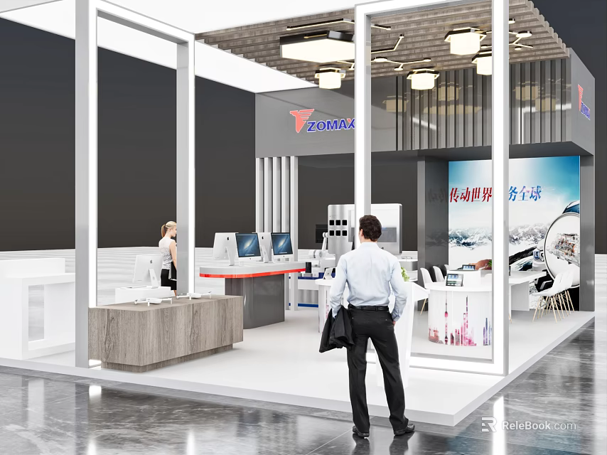 Modern Exhibition Booth With SUNRISE Logo Workstations People And Display Area 3d model 