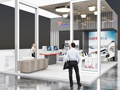 Modern Exhibition Booth With SUNRISE Logo Workstations People And Display Area 3d model