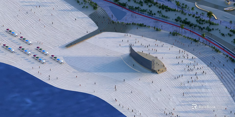 Scenic Coastal Landscape With Blue Sea White Sandy Beach Crowded People And Distant Buildings 3d model 