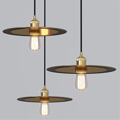 Modern Gold Pendant Lights With Black Disc Shades And Clear Edison Bulbs 3d model