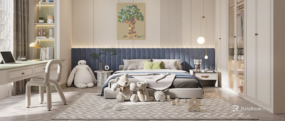 Cozy Kids Room With Blue Headboard Stuffed Toys Colorful Tree Painting And Building Blocks 3d model 