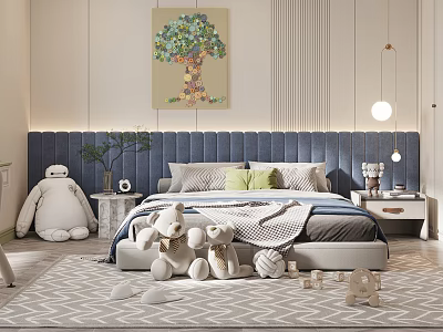Cozy Kids Room With Blue Headboard Stuffed Toys Colorful Tree Painting And Building Blocks 3d model