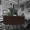 Dark Wooden Console Cabinet With White Flower Bouquet Photo Frames And Decorative Items
