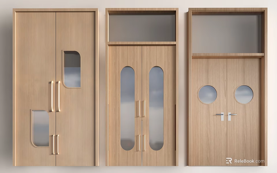Wooden Hinged Doors With Rectangular Oval Round Glass Panels And Metal Handles 3d model 
