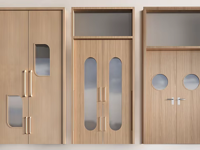 Wooden Hinged Doors With Rectangular Oval Round Glass Panels And Metal Handles 3d model