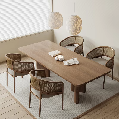 Natural Style Wooden Dining Table Set With Four Rattan Chairs And Tabletop Items 3d model