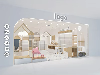 Cheerful Kids' Store Interior Design With Wooden Shelves House Shaped Decor And Pink Chair 3d model