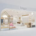 Cheerful Kids' Store Interior Design With Wooden Shelves House Shaped Decor And Pink Chair