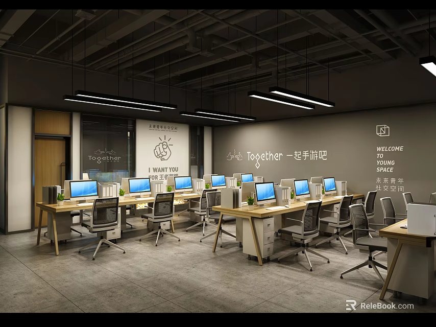 Modern Public Office Space With Multiple Workstations Computers Ergonomic Chairs And Pendant Lighting 3d model