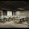 Modern Public Office Space With Multiple Workstations Computers Ergonomic Chairs And Pendant Lighting 3d model