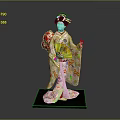 Traditional Japanese Geisha Woman Wearing Floral Kimono Holding Red Decorative Item On Black Base