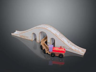 White Wooden Arch Bridge Toy Setup With Red Truck And Cargo Details 3d model