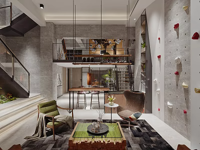 Modern Recreational Room Interior with Chairs Coffee Table and Climbing Wall 3d model