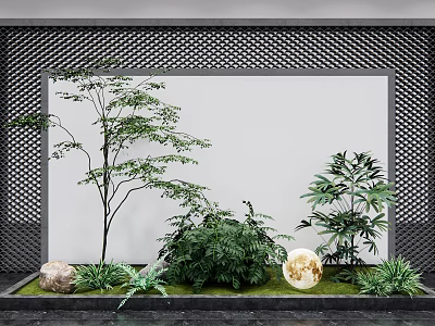 Elegant Garden Ornament Display With Green Plants Tall Tree Stone And Moon Decor 3d model