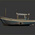 Wooden Boat With Blue Roof Small Cabin White And Blue Stripes And Wooden Pole