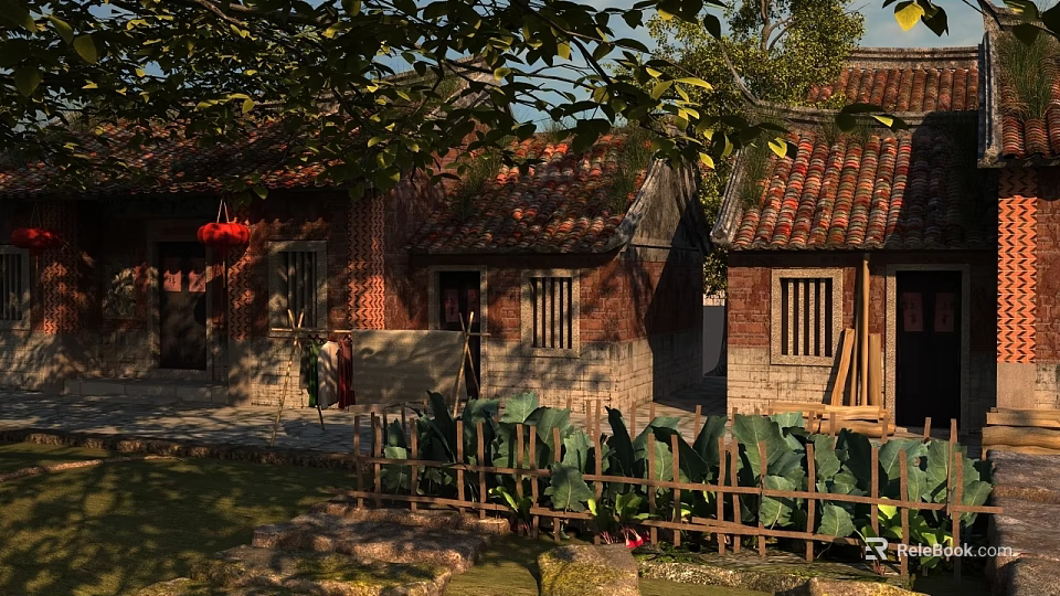 Ancient Traditional Architecture Featuring Red Brick Walls Tiled Roofs Red Lanterns And Wooden Fence 3d model 