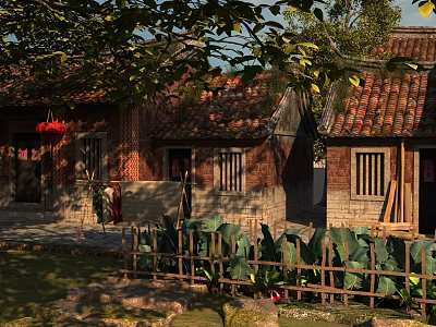 Ancient Traditional Architecture Featuring Red Brick Walls Tiled Roofs Red Lanterns And Wooden Fence 3d model