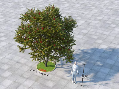 Arbor With Green Leaves Red Fruits Circular Lawn Base 1.5m Diameter 8m Tall Human Figure 3d model
